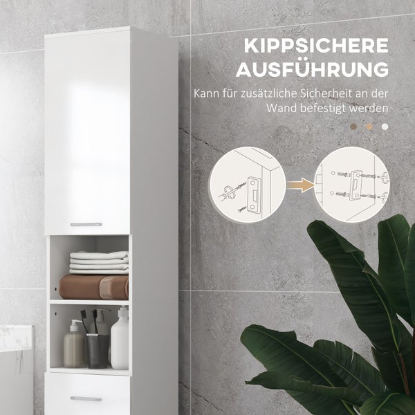kleankin Badezimmerschrank schmal, Hochschrank Toilettenschrank mit Hochganlzweiß Schublade, Verstellbar Ablage und 2 offenen Fächern, für kleine Räume Badezimmer 30 x 30 x 180 cm Weiß