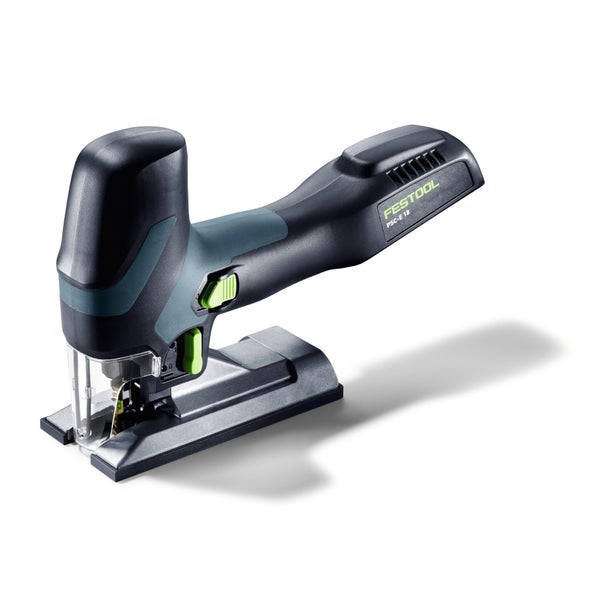 Festool Akku-Pendelstichsäge in Stabform mit transparentem Splitterschutz.