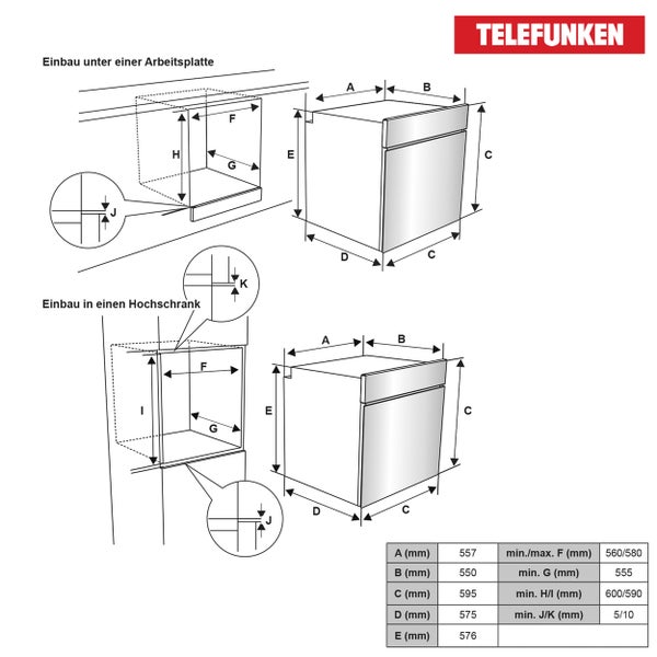 Telefunken Backofen Einbaugerät Einbaubackofen ohne Kochfeld Ofen autark mit 73 Liter Volumen 60 cm B-OV-75-A-I