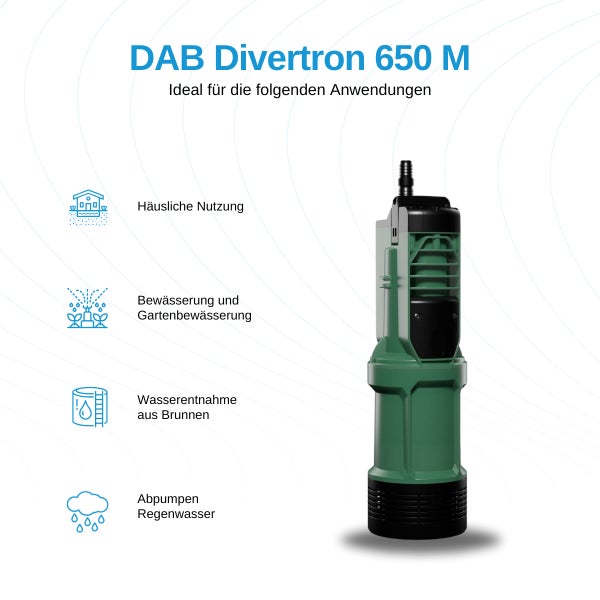 DAB Divertron 650 M Tauchpumpe für häusliche Nutzung, Gartenbewässerung, Wasserentnahme aus Brunnen und Abpumpen von Regenwasser.