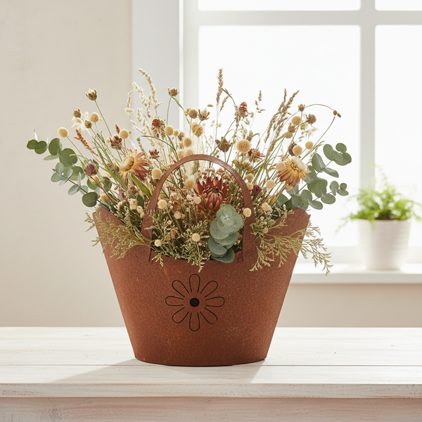 Dekorativer Metallkorb in Rostoptik mit Griff und Blume, gefüllt mit Trockenblumen und Eukalyptus auf einem hellen Holztisch vor einem Fenster.