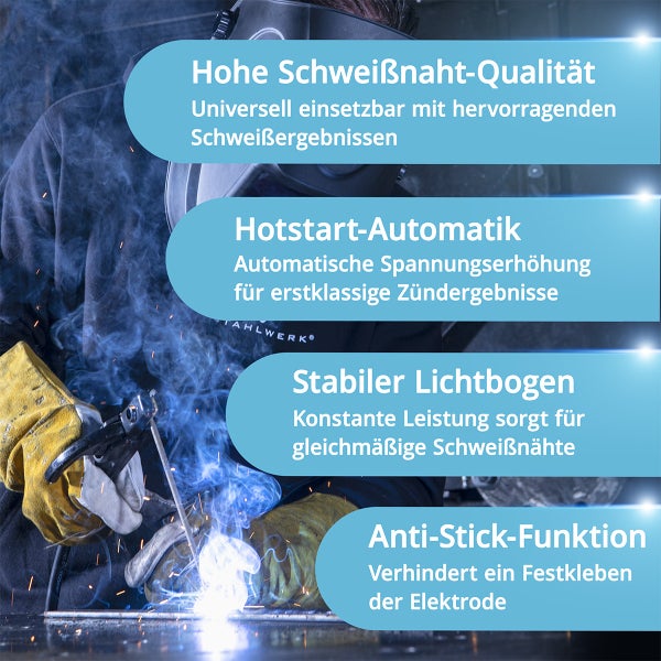Schweißer mit Schweißmaske und Handschuhen beim Schweißen mit hoher Schweißnahtqualität, Hotstart-Automatik, stabilem Lichtbogen und Anti-Stick-Funktion.