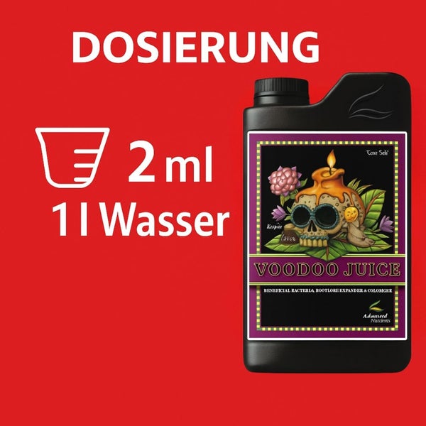 Dosierung von Advanced Nutrients Voodoo Juice: 2 Milliliter pro 1 Liter Wasser.