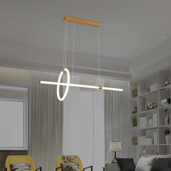 Moderne Hängeleuchte mit linearem und kreisförmigem Designelement für den Innenbereich.
