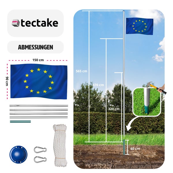 tectake Logo. Fahnenmast-Set mit Europaflagge und Maßen: Flagge 150 mal 90 Zentimeter, Gesamthöhe 565 Zentimeter, Bodenhülse 60 Zentimeter.