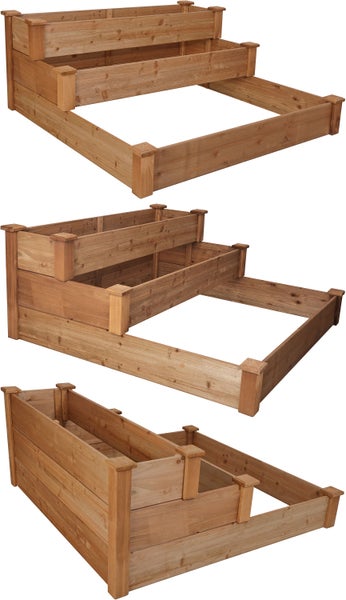 Dreistufiges Hochbeet aus Holz für den Garten, stufenförmiges Design mit drei Ebenen für Pflanzen.