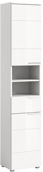 Hochschrank für das Badezimmer in Weiß Hochglanz mit zwei Türen und zwei offenen Regalfächern.