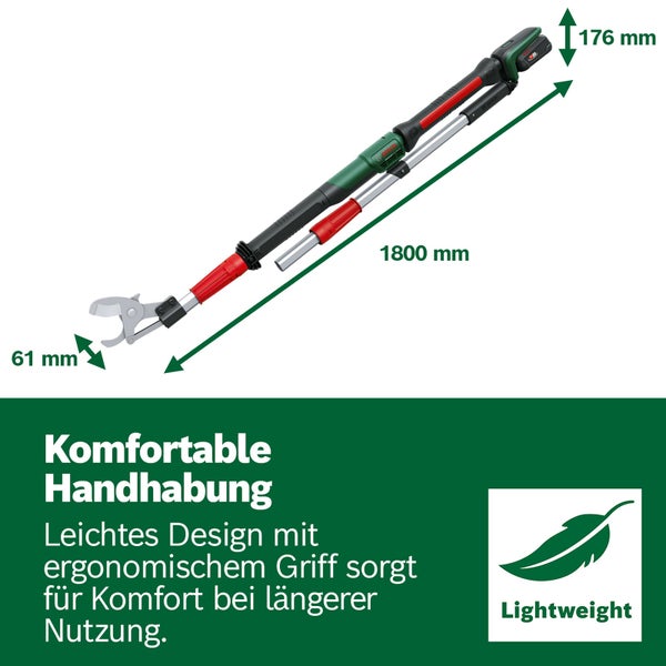 Bosch Akku-Teleskop-Astschere: Länge 1800 Millimeter, Kopfbreite 61 Millimeter, Griffbreite 176 Millimeter. Leichtes, ergonomisches Design.