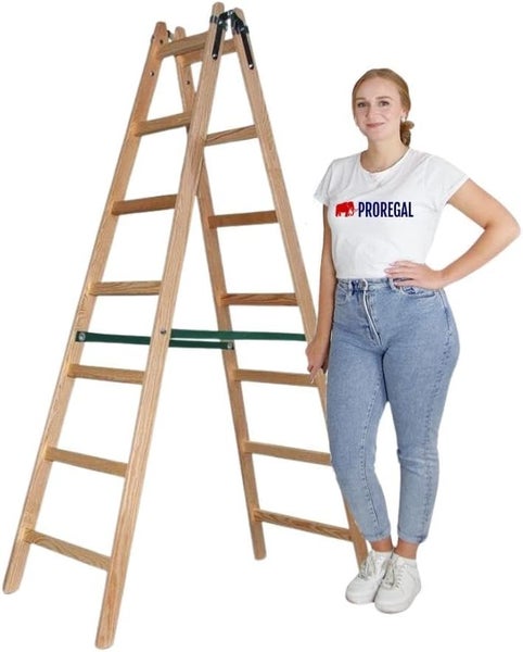 PROREGAL Sprossen-Stehleiter Aus Holz Economy Plus Beidseitig Begehbar 2 x 7 Sprossen Arbeitshöhe 3,60 m Traglast 150 kg