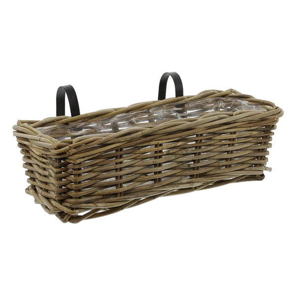 Dekoleidenschaft Rattan Pflanzkasten Koboo Grey mittel, grau, Balkonkasten mit Halterung, Blumenkasten für Draußen, Pflanzgefäß
