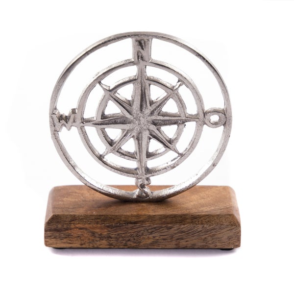 Aufsteller Maritim Windrose Metall, Mangoholz silber-braun
