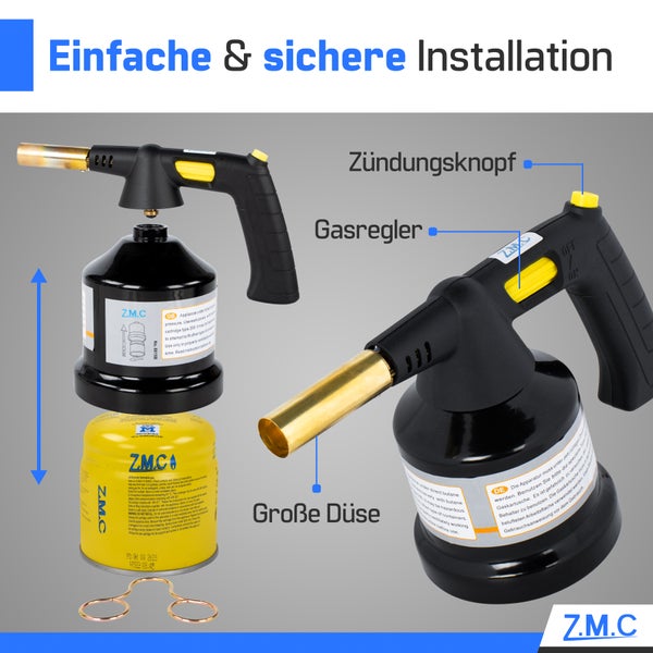 ZMC Gasbrenner 1,3 kW + 4 Gaskartuschen 190g, Schweißbrenner Flambierbrenner bis zu 1350°C, Bunsenbrenner Lötbrenner Brenneraufsatz, Küchenbrenner mit einstellbare Flamme, mit Piezo-Zündung