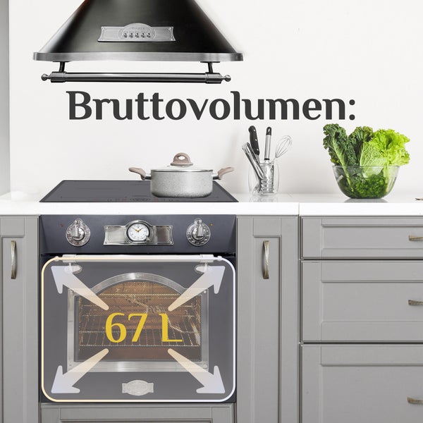 Einbauherd im Retro Design mit einem Bruttovolumen von 67 Litern unter einem Kochfeld und einer Dunstabzugshaube in einer modernen Einbauküche
