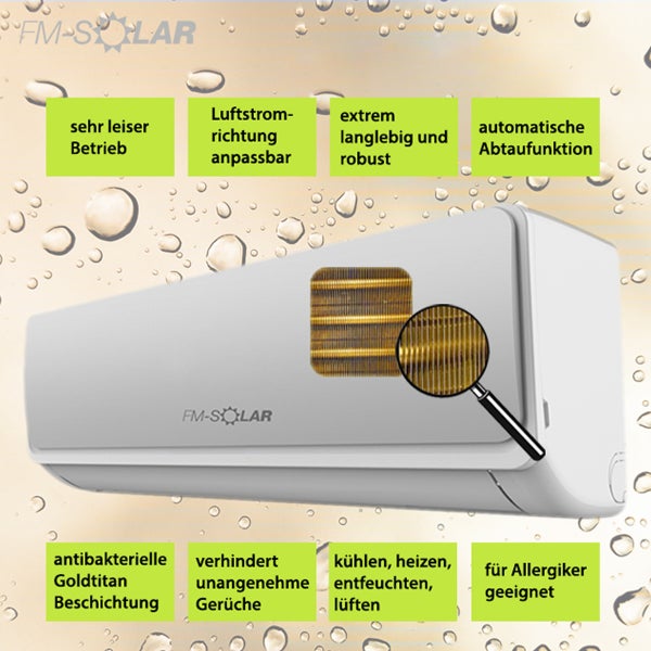 Split-Klimagerät von FM-Solar zum Kühlen, Heizen, Entfeuchten und Lüften mit antibakterieller Goldtitan-Beschichtung.