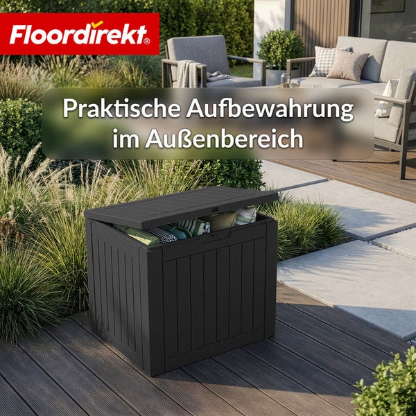Außenbereich Szene mit einer offenen Aufbewahrungsbox aus Kunststoff auf einer Terrasse.