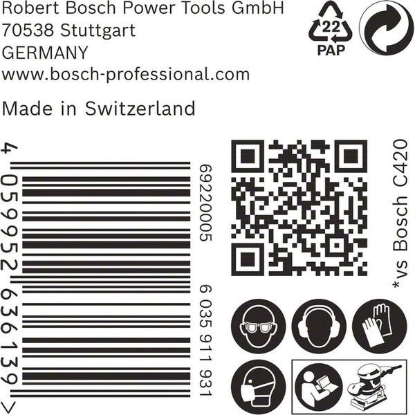 Papierverpackungssymbol, Barcode, QR-Code und Sicherheitshinweise für Bosch Elektrowerkzeuge