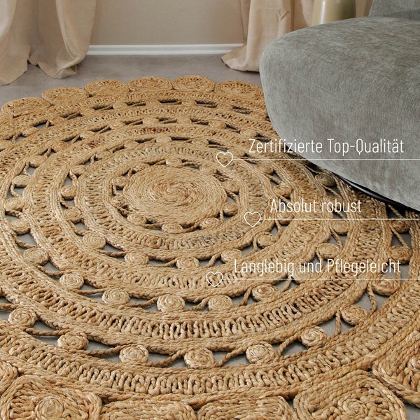 Bloom Jute-Teppich – schwer, handgefertigt, hochwertig 160 cm rund
