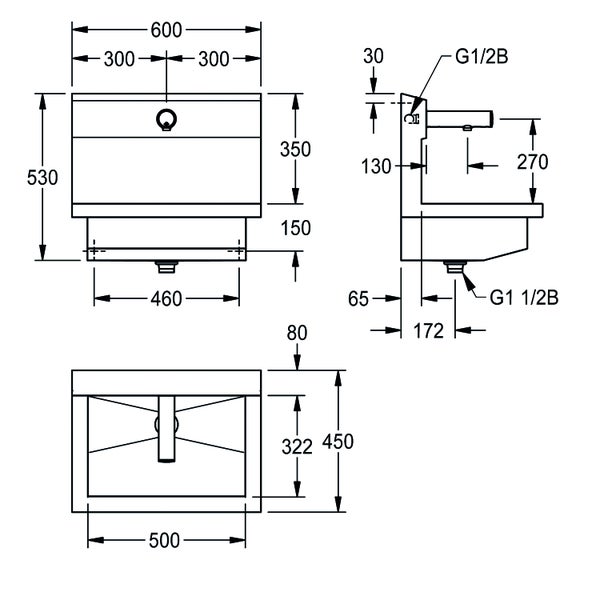 Maßzeichnung eines Waschbeckens mit Front-, Seiten- und Draufsicht sowie Abmessungen in Millimetern.