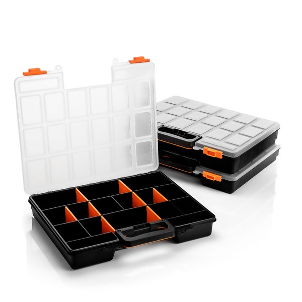 BigDean 3 Stück Sortimentskasten stapelbar 38x33x6cm praktische Sortierbox mit 16 Fächern – Werkzeugkoffer leer Organizer Box Sortierkasten - Sortierboxen für Kleinteile - Made in Italy