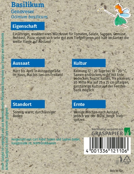 Rückseite einer Samentüte für Basilikum Genoveser mit Informationen zu Aussaat, Kultur, Standort und Ernte auf nachhaltigem Graspapier.