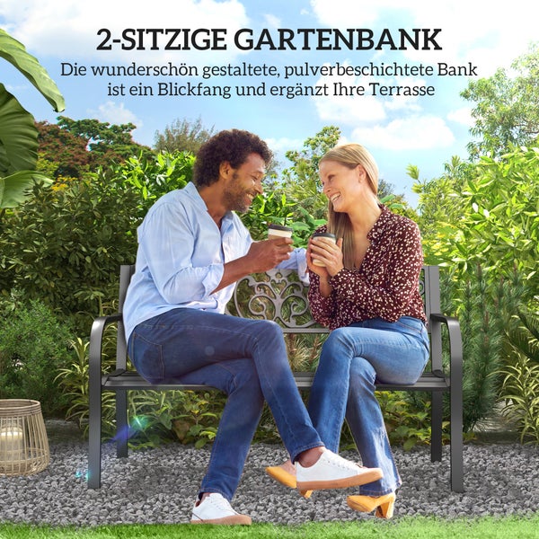 Outsunny wetterfeste Sitzbank, 2 Sitzer Balkonbank, bis 250 kg Belastbar für Balkon, 127cm x 60cm x 87cm, Metall, Schwarz