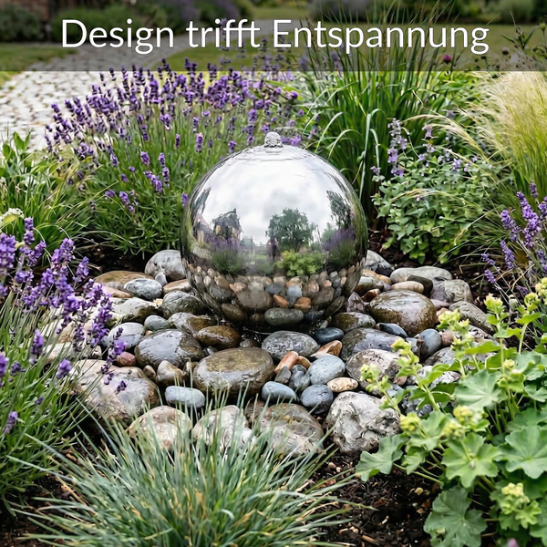 Edelstahlkugel-Brunnen in einem Gartenbeet mit Lavendel und Flusssteinen.