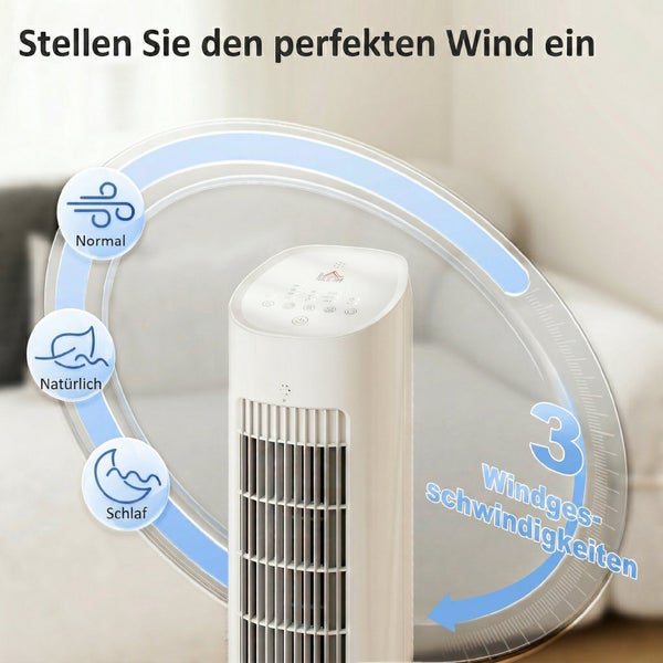 Turmventilator mit drei Windgeschwindigkeiten und drei Modi für Normal, Natürlich und Schlaf sowie einem digitalen Touch-Bedienfeld.