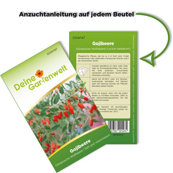 Vorder- und Rückseite einer Samentüte für Gojibeeren der Marke Deine Gartenwelt mit Anzuchtanleitung auf der Rückseite.
