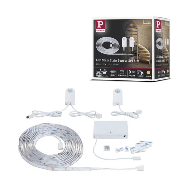 Paulmann LED Treppenstreifen Set mit Sensor, 5 Meter, 3000 Kelvin, inklusive USB-C Anschluss, dimmbar und Bewegungssensor für Treppenbeleuchtung.