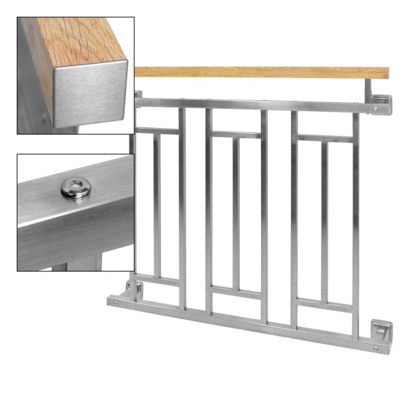 ECD Germany Französischer Balkon 90 x 100 cm mit 3 Füllelementen, Silber glänzend, Holzoptik, aus Edelstahl, Balkongeländer Stabgeländer Balkonbrüstung Balkongitter Fenstergeländer Außen Fenstergitter