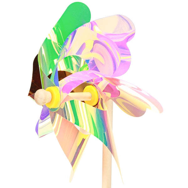 Windrad mit Holzstab und bunten, schimmernden Flügeln