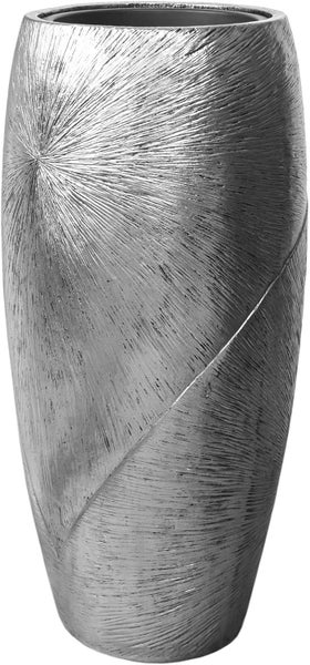 Hohes Pflanzgefäß mit strahlenförmiger Oberflächenstruktur in Silber.