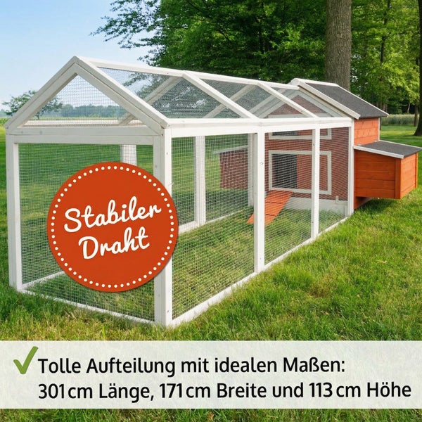 Hühnerstall aus Holz mit wetterfestem Bitumendach und ausziehbarer Metallwanne, langlebig und für jedes Wetter geeignet.