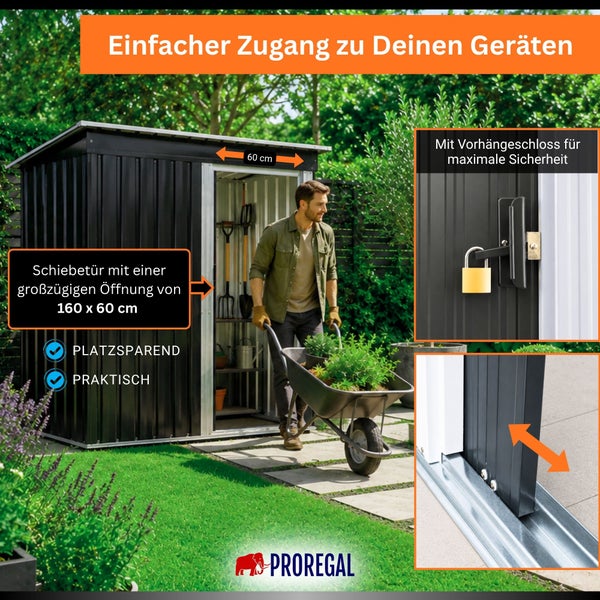 Metall-Gerätehaus mit Schiebetür, Öffnung 160 mal 60 Zentimeter, Vorhängeschloss und Bodenschiene. Person mit Schubkarre im Garten. Proregal Logo.