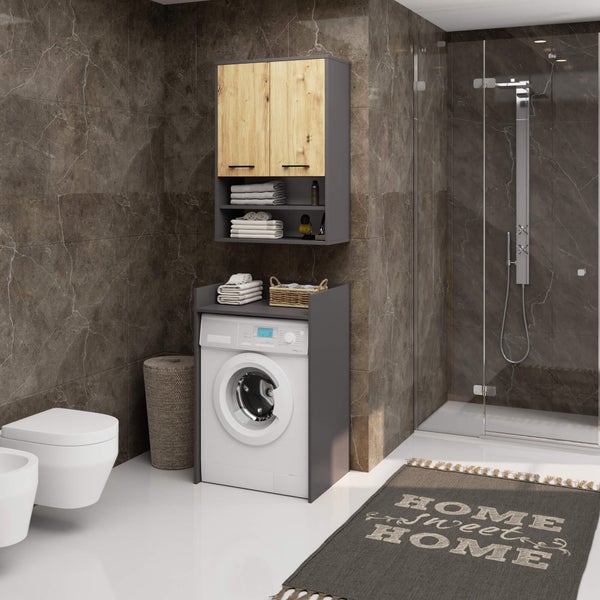 Modernes Badezimmer mit Waschmaschine, Waschbecken, Toilette, Dusche und Badezimmermöbeln