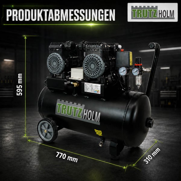 Trutzholm Kompressor mit Produktabmessungen von 770 Millimeter Länge, 595 Millimeter Höhe und 310 Millimeter Breite in einer Werkstatt.