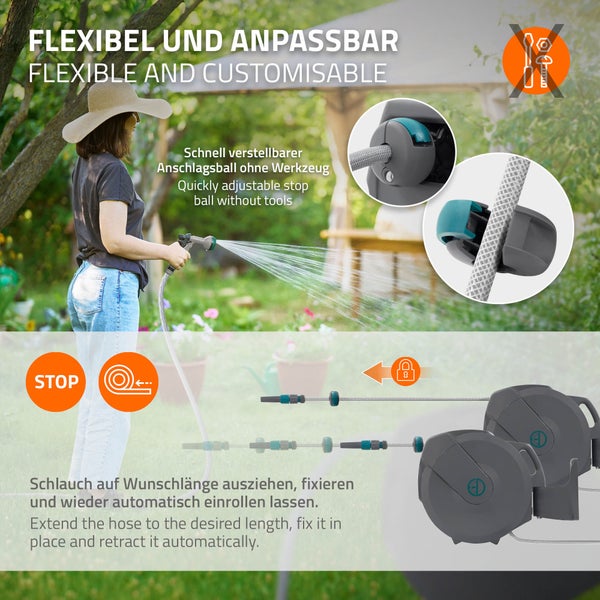 ECD Germany Schlauchaufroller 20m+2m, Schlauchtrommel, Wand-Schlauchbox RollUp mit Arretierstop und 9 Sprühfunktionen, 180° Schwenkbar, Automatischer Wasser Gartenschlauch-Aufroller zur Wandmontage