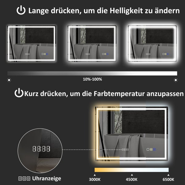 LED-Badspiegel mit dimmbarer Helligkeit von 10 bis 100 Prozent, einstellbarer Farbtemperatur von 3000 bis 6500 Kelvin und digitaler Uhranzeige.