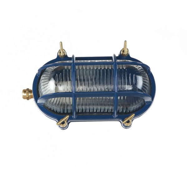 Blaue Schiffslampe mit Schutzgitter aus Metall und klarem Glas