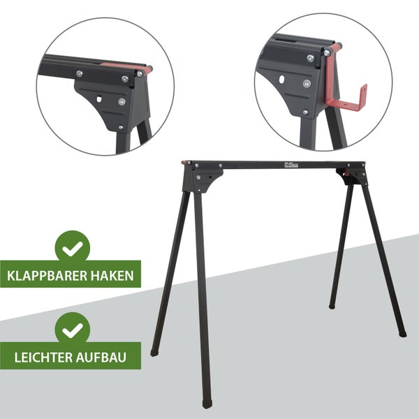 Metall-Arbeitsbock von Trutzholm mit klappbaren Haken und vier Beinen. Leichter Aufbau. Trutzholm Logo.