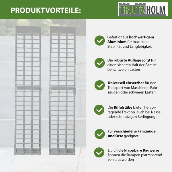 Produktbild mit Trutz Holm Logo und Produktvorteilen von zwei Aluminium Rampen