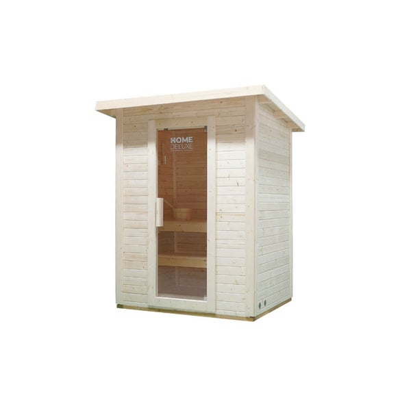 Eine Home Deluxe Sauna aus Holz mit einem Pultdach und einer verglasten Tür.