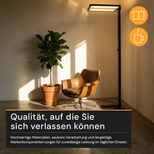 Moderne schwarze LED-Stehleuchte neben einem braunen Ledersessel und einer Zimmerpflanze. Symbole für Lesen und Entspannen sind abgebildet.