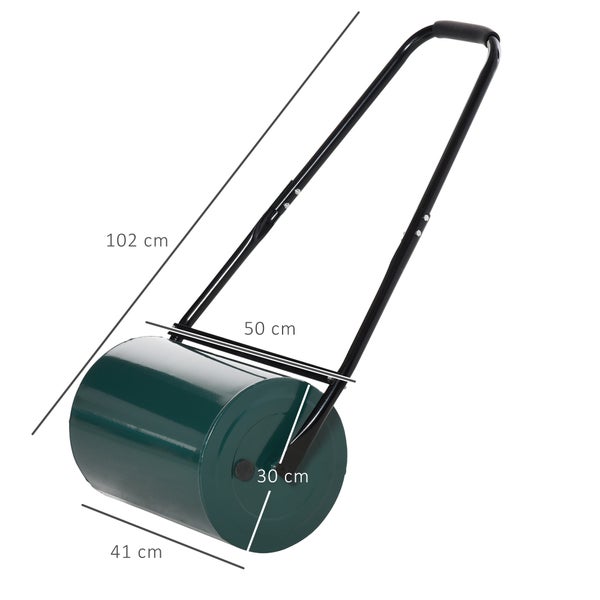 Rasenwalze aus Metall mit Abstreifer, Breite 50 Zentimeter, Durchmesser 30 Zentimeter, Gesamthöhe 102 Zentimeter.