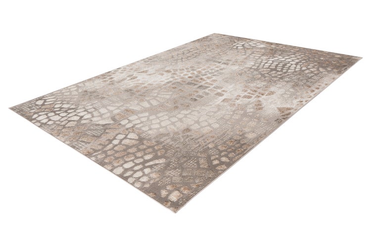 Rechteckiger Teppich mit abstraktem geometrischem Muster in Flachgewebeoptik.