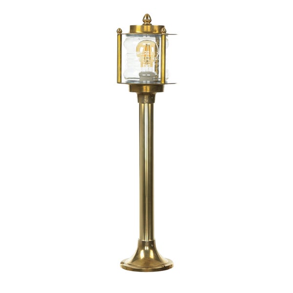 Goldfarbene Aussenleuchte mit klarem Glas und dekorativer Glühbirne