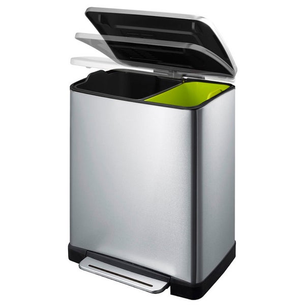 PROREGAL Stilvoller Rechteckiger Treteimer Mit Extra Breitem Pedal 46 Liter HxBxT 65 x 50 x 34,5 cm 2 Inneneimer Aus Kunststoff Edelstahl & Silber