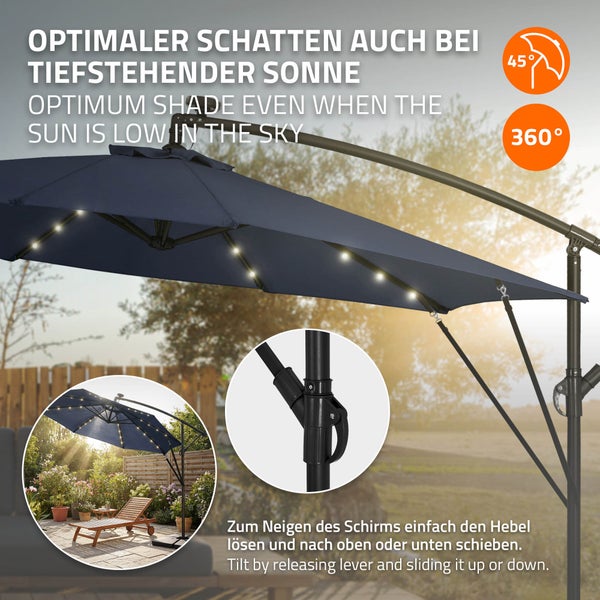 Ampelschirm mit integrierter Beleuchtung, 45 Grad Neigungsfunktion, 360 Grad Drehbarkeit und Hebel zur Verstellung für optimalen Schatten.