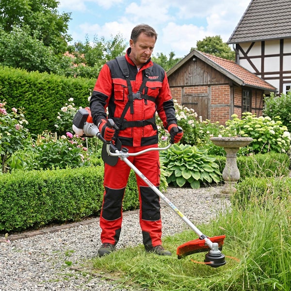 Mann bedient Rasentrimmer im Garten