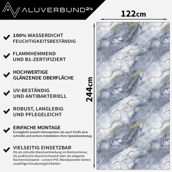 ALUVERBUND24 Aluminiumverbundplatte in Marmor-Optik, wasserdicht, flammhemmend und glänzend, Maße 122 mal 244 Zentimeter.